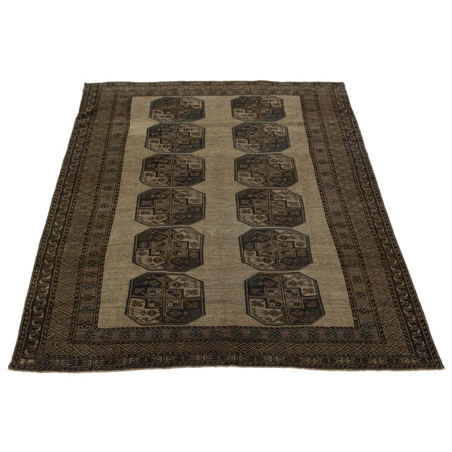 1900 - 1909 Antique Turkaman Wool Rug With Geometric Gull Medallions in Muted Taupe & Espresso For Sale - Image 5 of 9