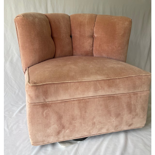 Art Deco Art Deco Swivel Club Chair Blush Pink Velvet Curved Back, Usa, 1950s For Sale - Image 3 of 7