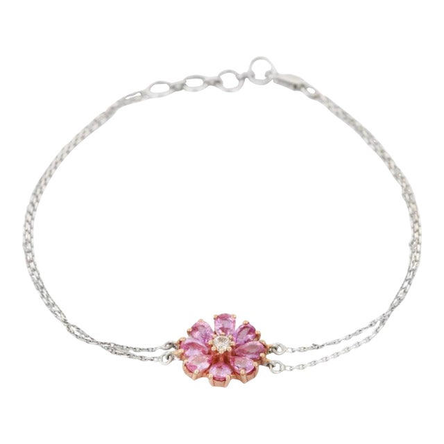 Contemporary 18k Gold 1.36 Ct Sapphire Pink Flower Diamond Bracelet For Sale