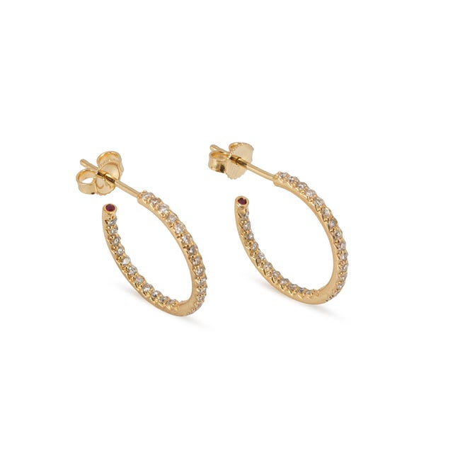 18k Yellow Gold 0.63ctw Pave Diamond and Ruby Open Hoop Earrings, A Pair For Sale - Image 4 of 8