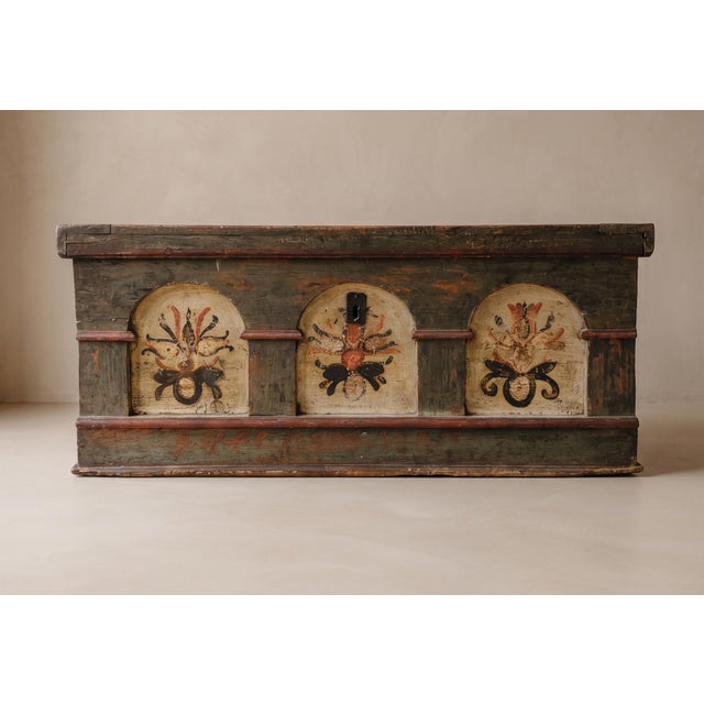 Painted Tyrolean Chest Dated 1807 Antique painted fir wood chest, dated 1807. The piece features three arched front panels...