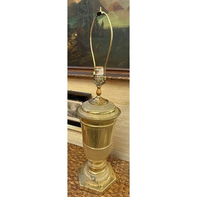 Metal Mid Century Brass Urn Lamps With Green Shades For Sale - Image 7 of 9