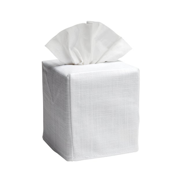 Coastal Aqua/Beige School of Fish Tissue Box Cover in White Linen & Cotton, Embroidered For Sale - Image 3 of 6