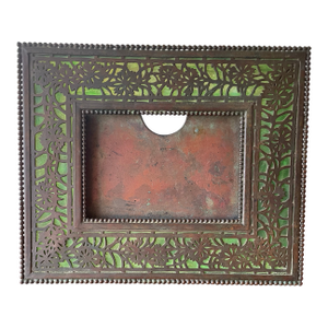 Early 1900s Tiffany Studios New York Bronze Filigree Calendar Frame and Green Slag Glass, Poinsettia Pattern