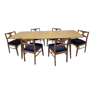 Mid Century Modern Walnut Drop Leaf Table and 6 Chairs Newly Upholstered For Sale
