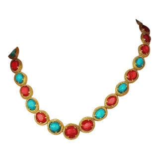 Bochic "Capri" Vintage Ruby, Turquoise & Diamond Necklace & Earrings Set 18K Gold For Sale