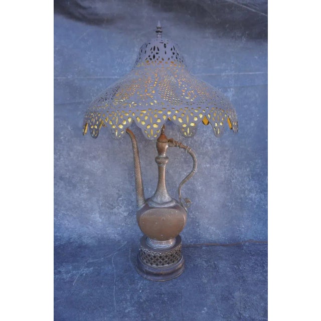 Metal 1920s Brass Indo-Asian Table Lamp With Pierced Shade For Sale - Image 7 of 8