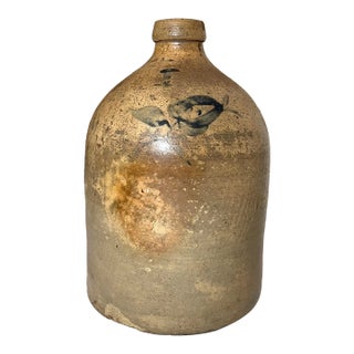 Antique 1800's Handmade Stoneware Salt Glazed Cobalt Pottery Jug Vase W/ Handle For Sale