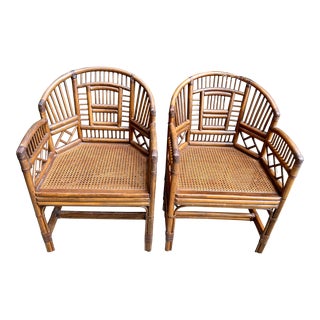 Pair of Mid 20th Century Vintage Brighton Pavilion Pavilion Chinese Chippendale Hollywood Regency Style Bamboo Caning Chairs For Sale