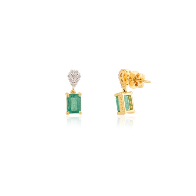 Not Yet Made - Made To Order 1.94ct Zambian Emerald Drop Earrings With Diamond Floral Top in 14k Gold- A Pair For Sale - Image 5 of 11