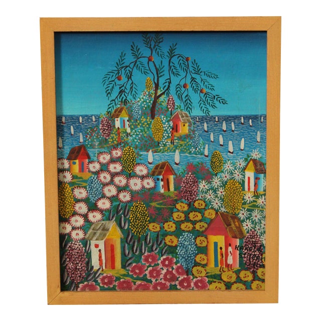 Harold St. Jean Haitian Seaside Village Oil Painting For Sale