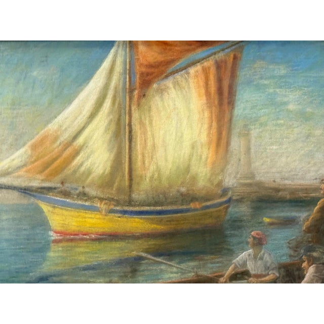 Early 20th Century Early 20th-Century Harbor Maritime Pastel Drawing Under Glass For Sale - Image 5 of 6