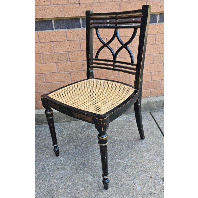 Ebony Set Four Baker Historic Charleston Decorated Ebonized Wood and Cane Side Chairs For Sale - Image 8 of 12