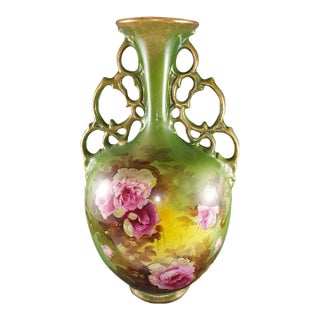 1890s - 1910s European 2-Handle Porcelain Vase Hand Painted Roses Green Yellow 16" For Sale