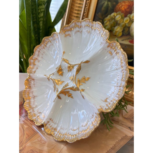 French Provincial Antique Limoges Porcelain Oyster Plate With Gold Gilt Details For Sale - Image 3 of 16