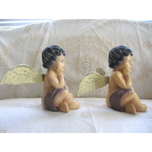 Tuscan Vintage Pair of Italy Tuscan Style Hand Painted Cherubs Figures For Sale - Image 3 of 8