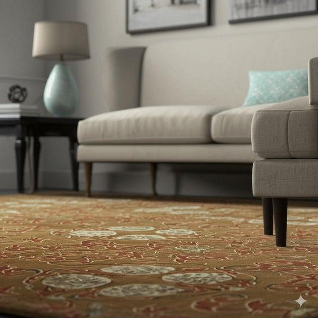 This hand knotted pile rug is crafted from wool and features a primary brown earth tone. The design aligns with the EORC...