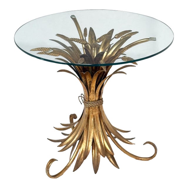 Italian Wheat Sheaf Low Table of Gilt Metal With Round Top of Glass For Sale