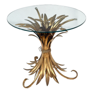 Italian Wheat Sheaf Low Table of Gilt Metal With Round Top of Glass