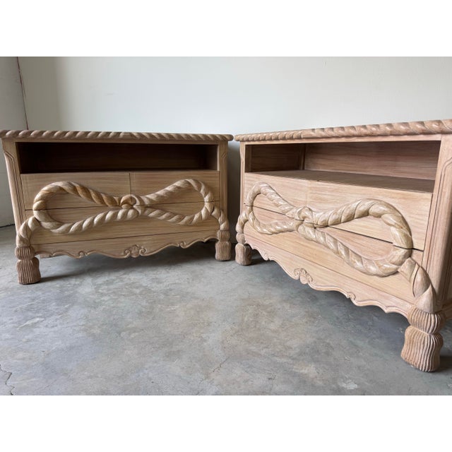Wood 1980’s Vintage Hollywood Regency Style Hand-Carved Wood Commodes – A Pair For Sale - Image 7 of 12