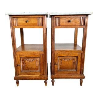 Pair of French Vintage Bedside Tables or Nighstands With Marble Tops For Sale