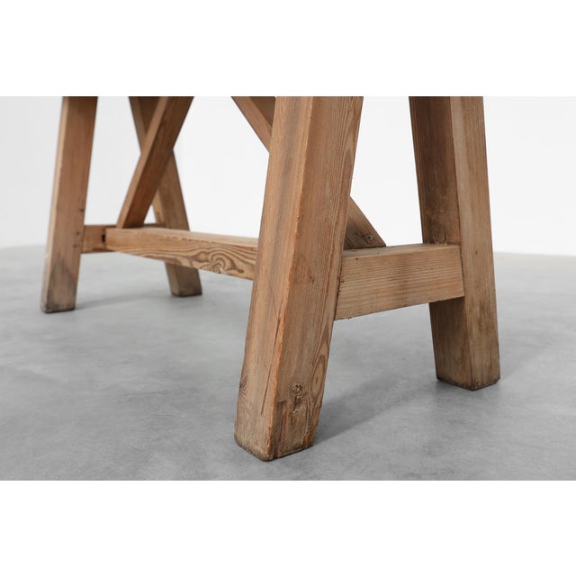 French Rustic Oak Trestle Bench, 1890s For Sale - Image 6 of 13