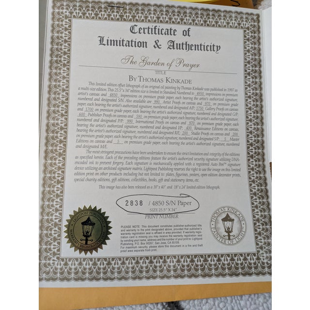 1990s Limited Edition Offset Lithograph of the Garden of Prayer by Thomas Kinkade. Framed Print Number 2838 For Sale - Image 10 of 12