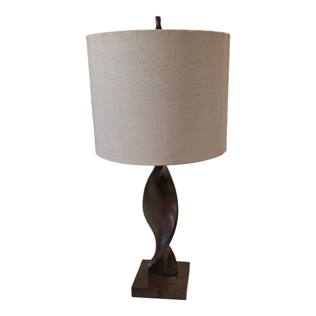 1970s Mid Century Modern Organic Twisted Wood Table Lamp & Shade For Sale