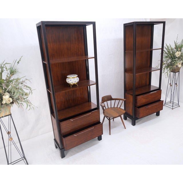 Mid 20th Century Pair 7.5' Tall Custom Mahogany Etageres Adjustable Shelves Dresser Drawers MINT! For Sale - Image 5 of 12