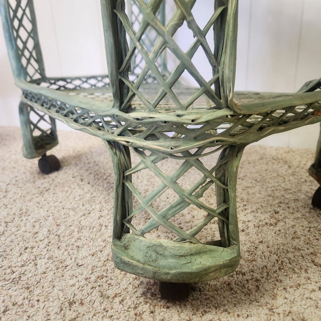 Vintage Rolling Bar Cart Green Basketweave For Sale - Image 9 of 12