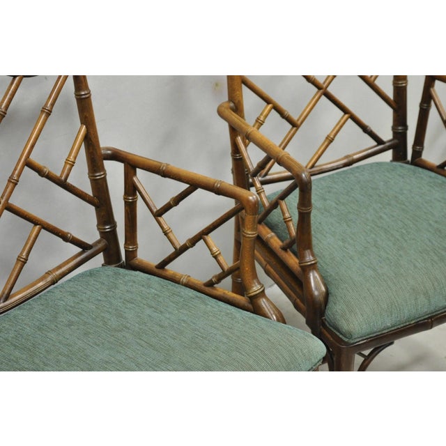 Vintage Chinese Chippendale Faux Bamboo Wood Fretwork Dining Arm Chairs - A Pair For Sale In Philadelphia - Image 6 of 14