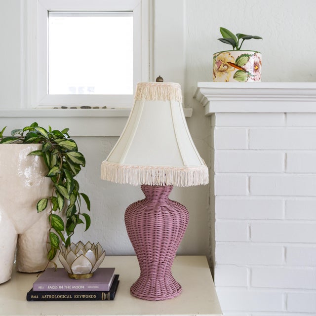 Vintage Pink Wicker Lamp With Custom Fringed Shade For Sale - Image 4 of 10