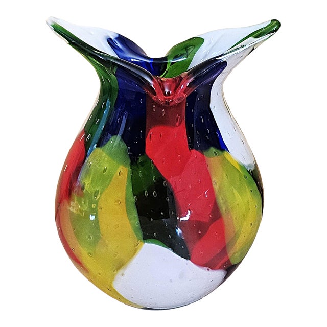 Murano‑Style Multicolored Hand‑Blown Art Glass Vase, 13" For Sale