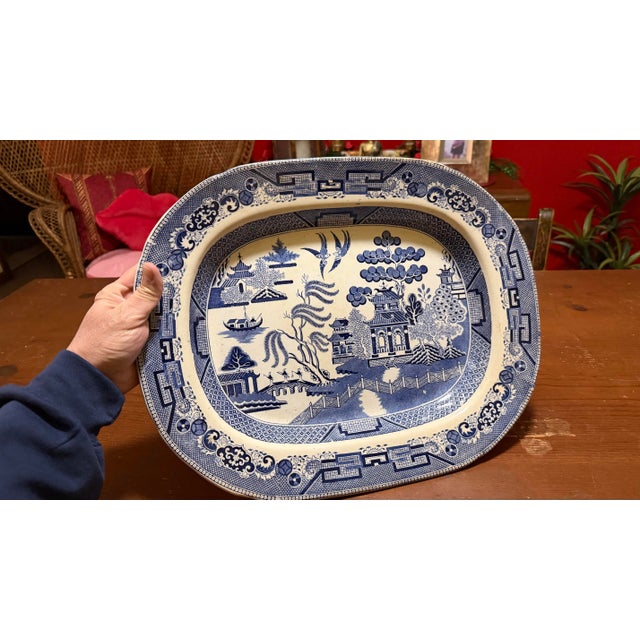 Victorian Antique Staffordshire Blue Willow Transfer Ironstone Oval Platter, Circa 1860s For Sale - Image 3 of 12