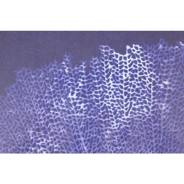 Traditional Mid 20th Century Silk Screen Blue Coral Fan W/ Gilt Bamboo Frame For Sale - Image 3 of 3