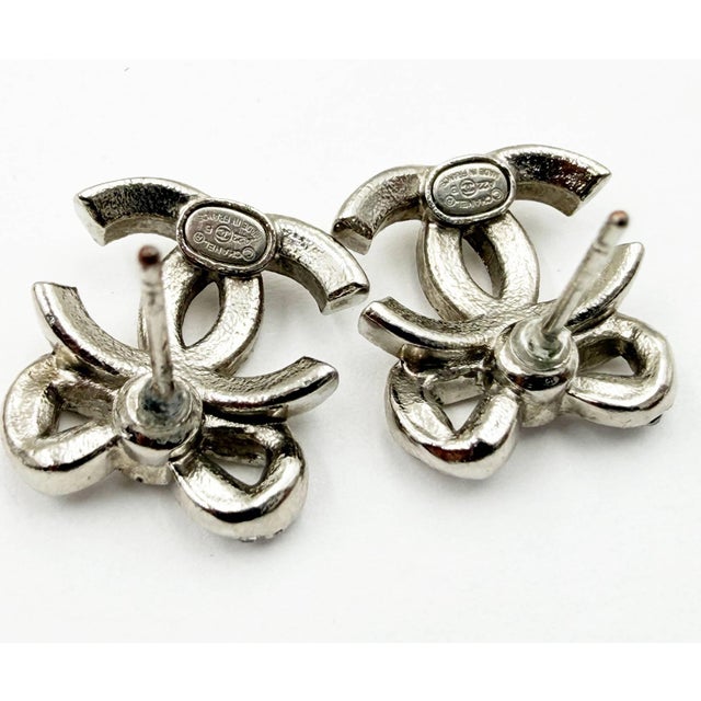 Chanel Chanel Silver CC Ribbon Bow CC Crystal Piercing Earrings, A Pair For Sale - Image 4 of 4