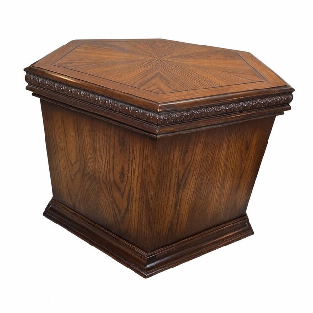 Wood Vintage 1970s Lane Furniture Carved Hexagonal Parquet Storage End Tables, Pair For Sale - Image 7 of 11