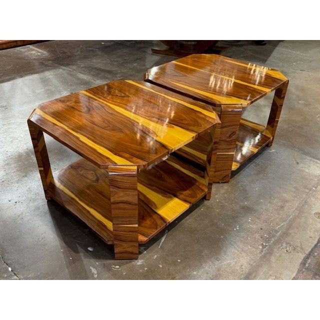 Early 21st Century Pair of Italian Exotic Wood Art Deco Style Tables For Sale - Image 5 of 5