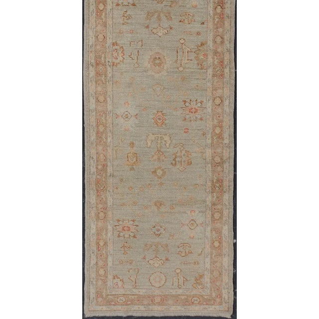 Turkish Turkish Angora Oushak Runner in Green, Taupe and Light Brown For Sale - Image 3 of 12