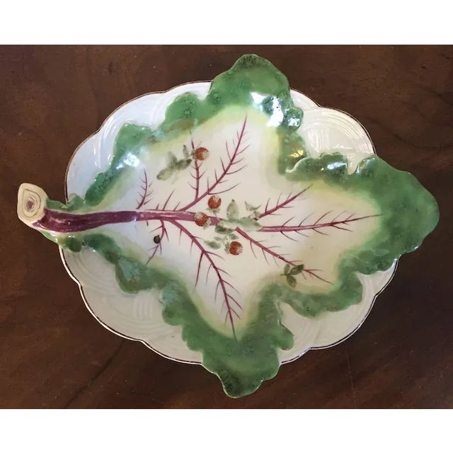 Traditional 1755 Antique Georgian Chelsea Porcelain Cabbage Leaf Dish Plate with Basketweave Border For Sale - Image 3 of 11