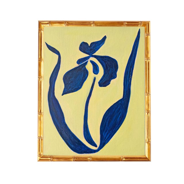A beautifully composed and graphic original painting featuring a single iris flower rendered in bold cobalt blue against a...