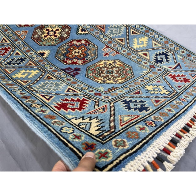 Blue and Burgundy Bokhara Wool Runner Rug With Tribal Gul Motifs, 2'11" X 9'7" For Sale - Image 15 of 17