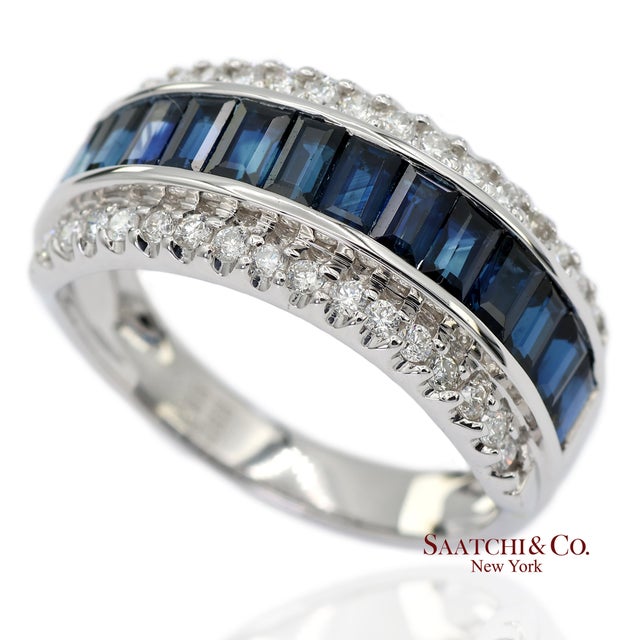 18k 750 Solid White Gold Natural Diamond and Natural Sapphire Band Ring, Size 7 For Sale - Image 4 of 11