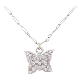 Vintage Diamond Platinum Butterfly Charm Paperclip Necklace For Sale