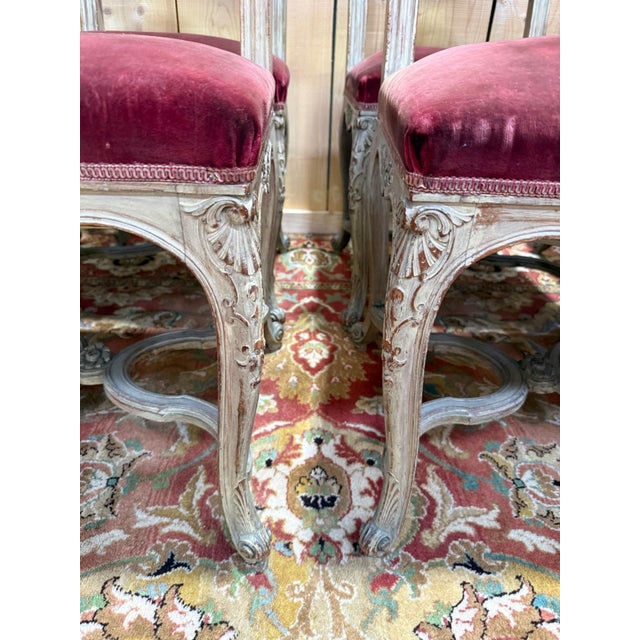 Venetian Louis XV Style Chairs Lacquered Wood with Painted Details and Burgundy Velvet Seats, Set of 8 For Sale - Image 5 of 10