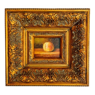 1970s Miniature Peach Still Life Oil Painting in Deep Carved Giltwood Frame For Sale