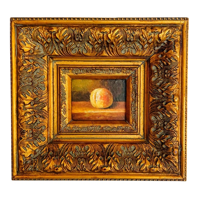 1970s Miniature Peach Still Life Oil Painting in Deep Carved Giltwood Frame For Sale
