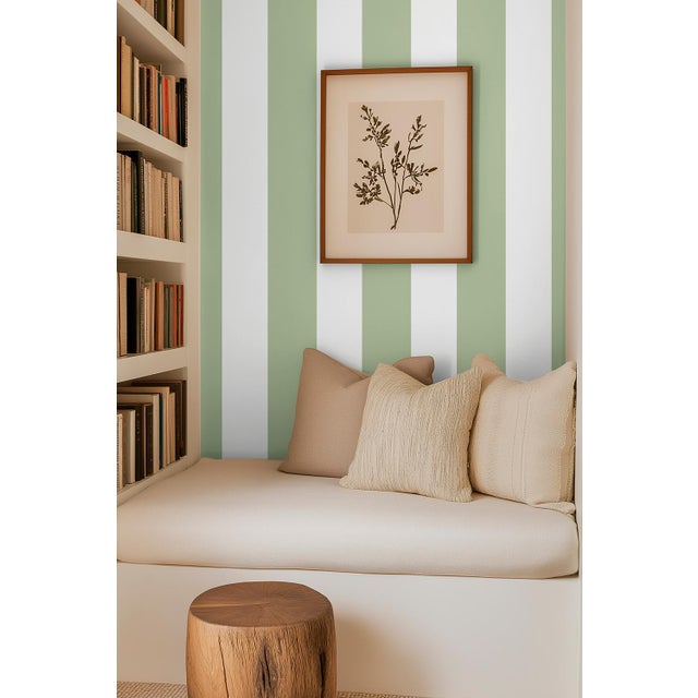Clubhouse Stripe Grasscloth Wallpaper by House Party | Trellis Green & White | 8 Yards For Sale In Charlotte - Image 6 of 9
