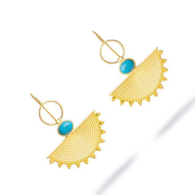 Cleopatra Sunburst Turquoise Gold Earrings, A Pair For Sale In Miami - Image 6 of 10