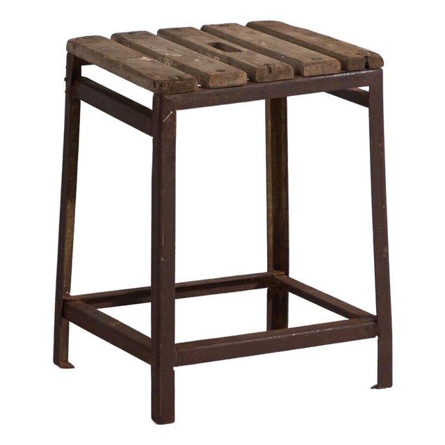 Vintage Industrial Stool in Pine Wood and Iron, Central Europe, 1950 For Sale